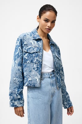 Light Blue Cotton Blend Jacquard Floral Print Denim Jacket