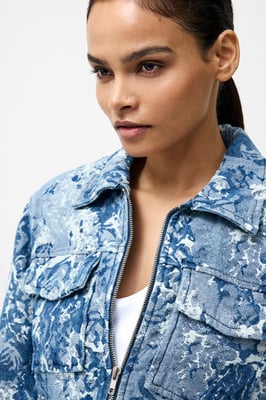 Light Blue Cotton Blend Jacquard Floral Print Denim Jacket