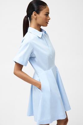 Blue Cotton Poplin Stretch Mini A-Line Relaxed Fit Shirt Dress