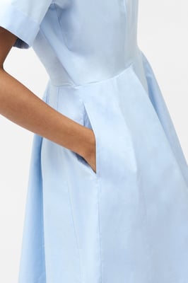 Blue Cotton Poplin Stretch Mini A-Line Relaxed Fit Shirt Dress