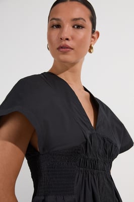 Shirred Cotton Woven Plunge Neck Short Sleeve Top