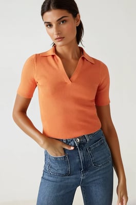 Ribbed Collared Short Sleeved Top
