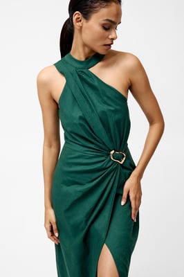 Green Linen Blend Draped Halter Midi Dress