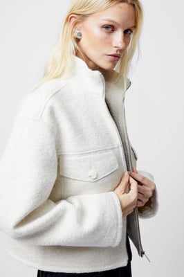 Cream Boucle High Neck Zip Up Jacket