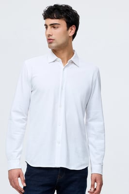 White Cotton Stretch Pique Jersey Long Sleeve Button Up Shirt