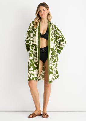 Green Summer Border Printed Beach Kimono
