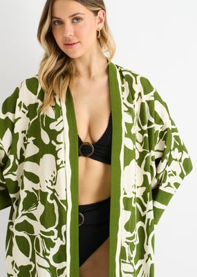 Green Summer Border Printed Beach Kimono
