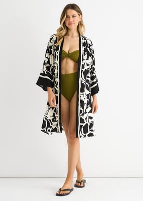 Svart Sommar Border Tryckt Beach Kimono