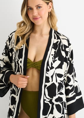 Svart Sommar Border Tryckt Beach Kimono