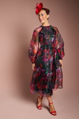 Organza Wrap Waist Puff Sleeve Midi Dress