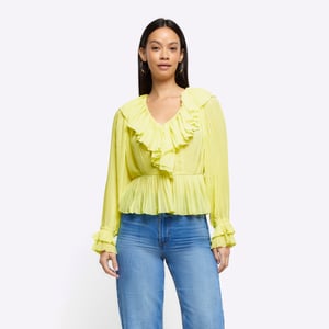 River Island Womens Blouse Yellow Plisse Frill