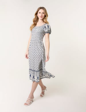 Border Print Puff Sleeve Midi Dress