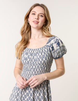 Border Print Puff Sleeve Midi Dress