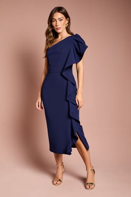 One Shoulder Ruffle Crepe Pencil Midi Dress