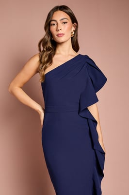One Shoulder Ruffle Crepe Pencil Midi Dress