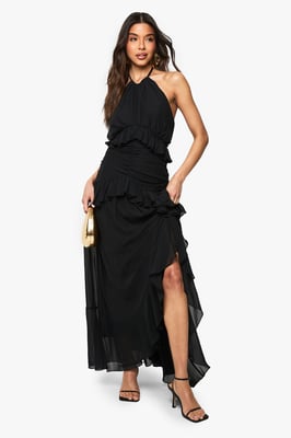 Halterneck Chiffon Ruffle Detail Maxi Dress