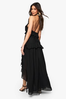 Halterneck Chiffon Ruffle Detail Maxi Dress