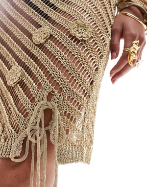 ASOS DESIGN knitted mini skirt in metallic yarn with crochet  floral embellishment co-ord