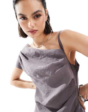 ASOS DESIGN fallen shoulder mini dress with thick strap detail in grey