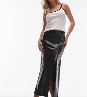Topshop Petite vinyl double split midi skirt in black