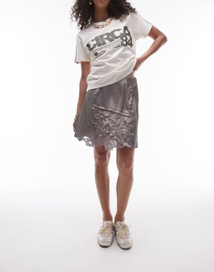Topshop crinkle satin lace patchwork mini skirt in charcoal