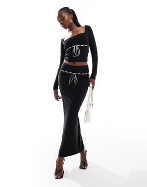 Kaiia exclusive contrast bow detail maxi skirt co-ord in black