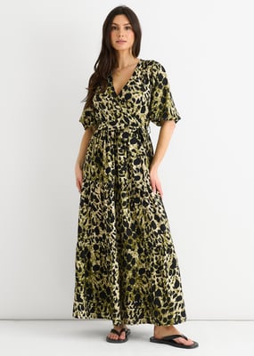 Green Animal Print Wrap Skater Maxi Dress