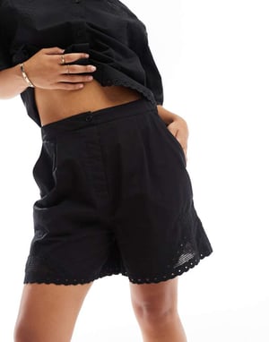 ASOS DESIGN premium short with cutwork detail co-ord in black