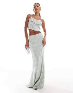 In The Style x Perrie Sian draped cami top co-ord in sage jacquard