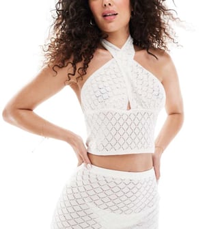 In The Style exclusive crochet knit halterneck cut out beach top co-ord in cream