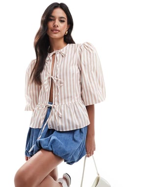 ASOS DESIGN cotton poplin peplum tie shirt top in natural stripe