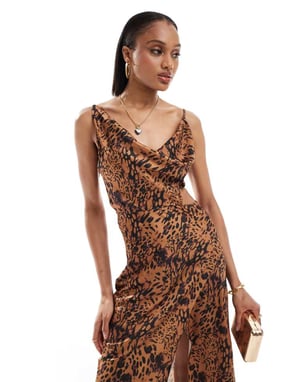 ASOS DESIGN Tall satin cowl midaxi dress with cut out waist and graduated hem in leopard print