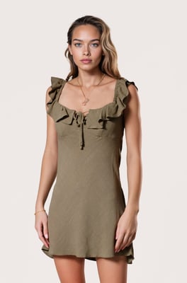 Linen Effect Short Ruffle Neck Dress