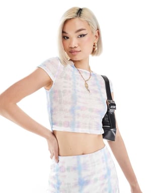Noisy May cropped mesh t-shirt co-ord with abstract print in pastel