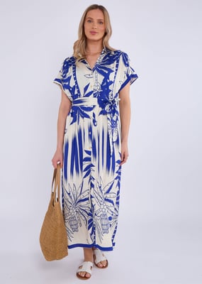 Blue Tropical Print Midi Shirt Dress