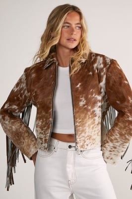 Cow Hide Leather Zip Through Fringe Jacket