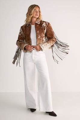 Cow Hide Leather Zip Through Fringe Jacket
