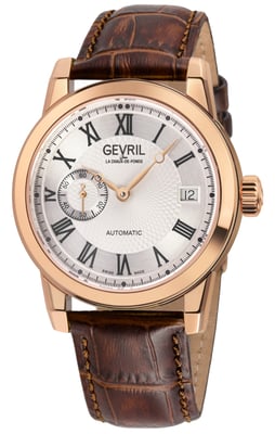 Gevril Men's Madison 316L Stainless Steel IPRG  Case, Silver/Black Dial, Brown Handmade Leather Strap
