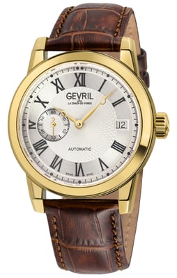 Gevril Men's Madison 316L Stainless Steel IPYG  Case, Silver/Black Dial, Brown Handmade Leather Strap