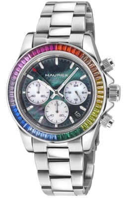 Arcobaleno Multi Colored Bezel, Black Dial, Stainless steel Bracelet Watch