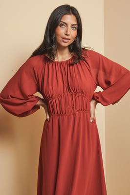 Woven Tie Front Waist Detail Midi Dress