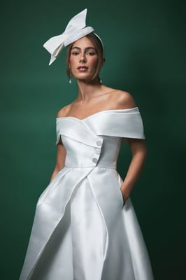 Lisa Tan Twill Bardot Waisted Midi Wedding Dress