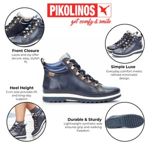 Pikolinos Dames Blauwe Leren Enkellaarsjes - Vigo