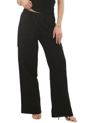 Womens Easticated Wasit Wide Leg Cargo Pocket Jeans in Black