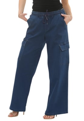 Womens Easticated Wasit Wide Leg Cargo Pocket Jeans in Mid Blue