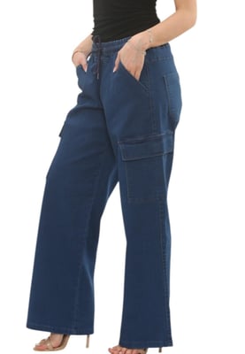 Womens Easticated Wasit Wide Leg Cargo Pocket Jeans in Mid Blue