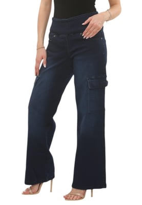 MYT Womens Tummy Control Wide Leg Cargo Jeans in Dark Stonewash