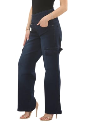 MYT Womens Tummy Control Wide Leg Cargo Jeans in Dark Stonewash