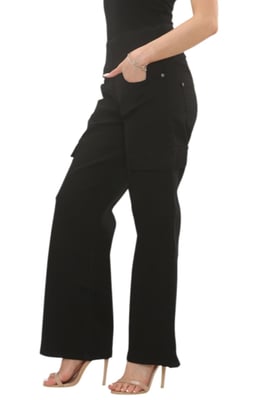 MYT Womens Tummy Control Wide Leg Cargo Jeans in Black