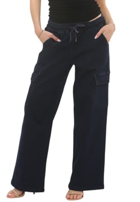 Womens Easticated Wasit Wide Leg Cargo Pocket Jeans in Dark Stonewash